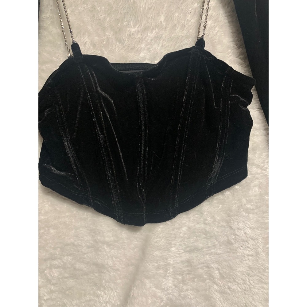 Black Velvet Corset Top with Rhinestone Chain Straps and Matching Sleeves